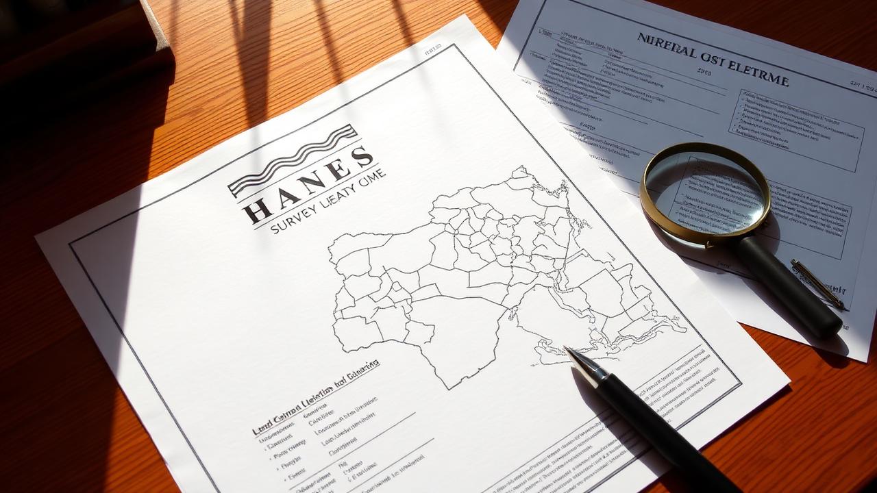 Land title documents and survey plan on a desk